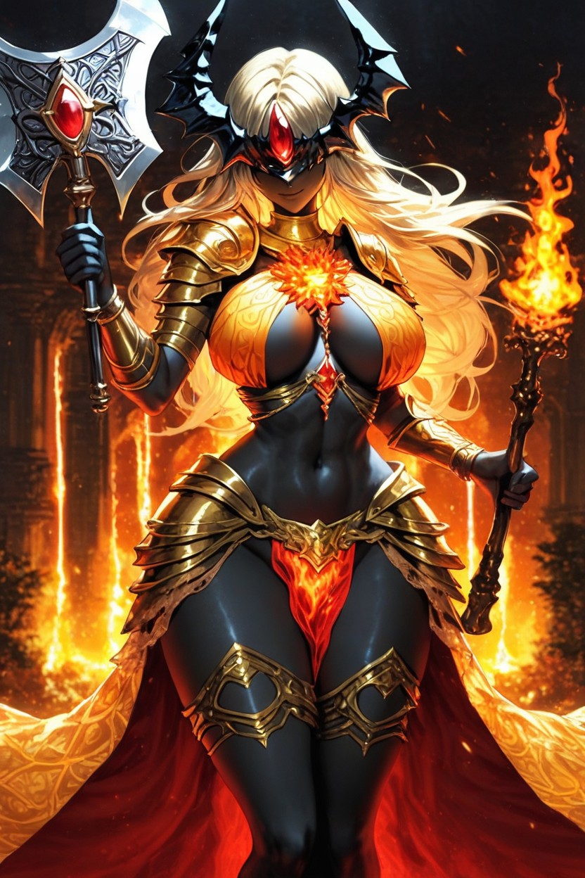 Flaming Magma Armor On Waist, Belly Dancer, Hair Covering Eyes Latina AI Porn