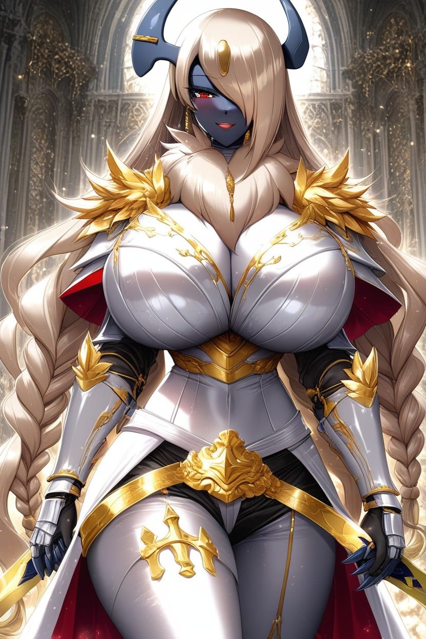 Pauldrons With Gold Fur, Hyper Breasts, Leg Armor With Gold Fur AI Porn