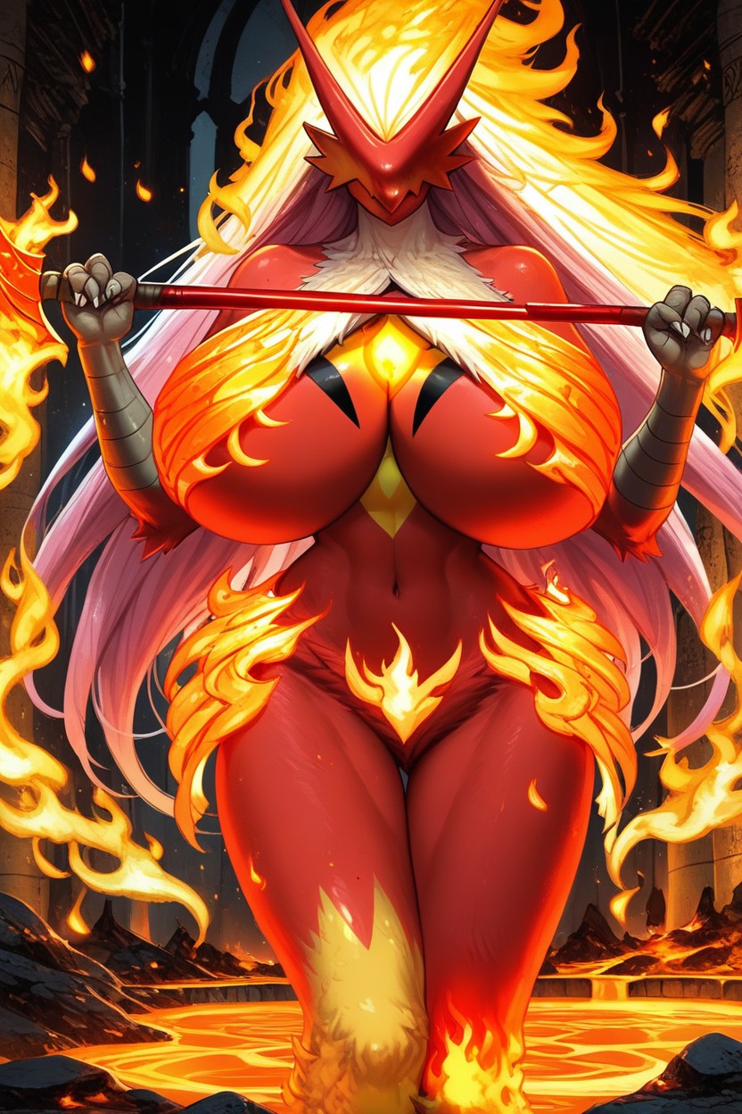 The Fire Keeper From Dark Souls, Flame Hair, Flaming Fiery Armor On Hips Latina AI Porn