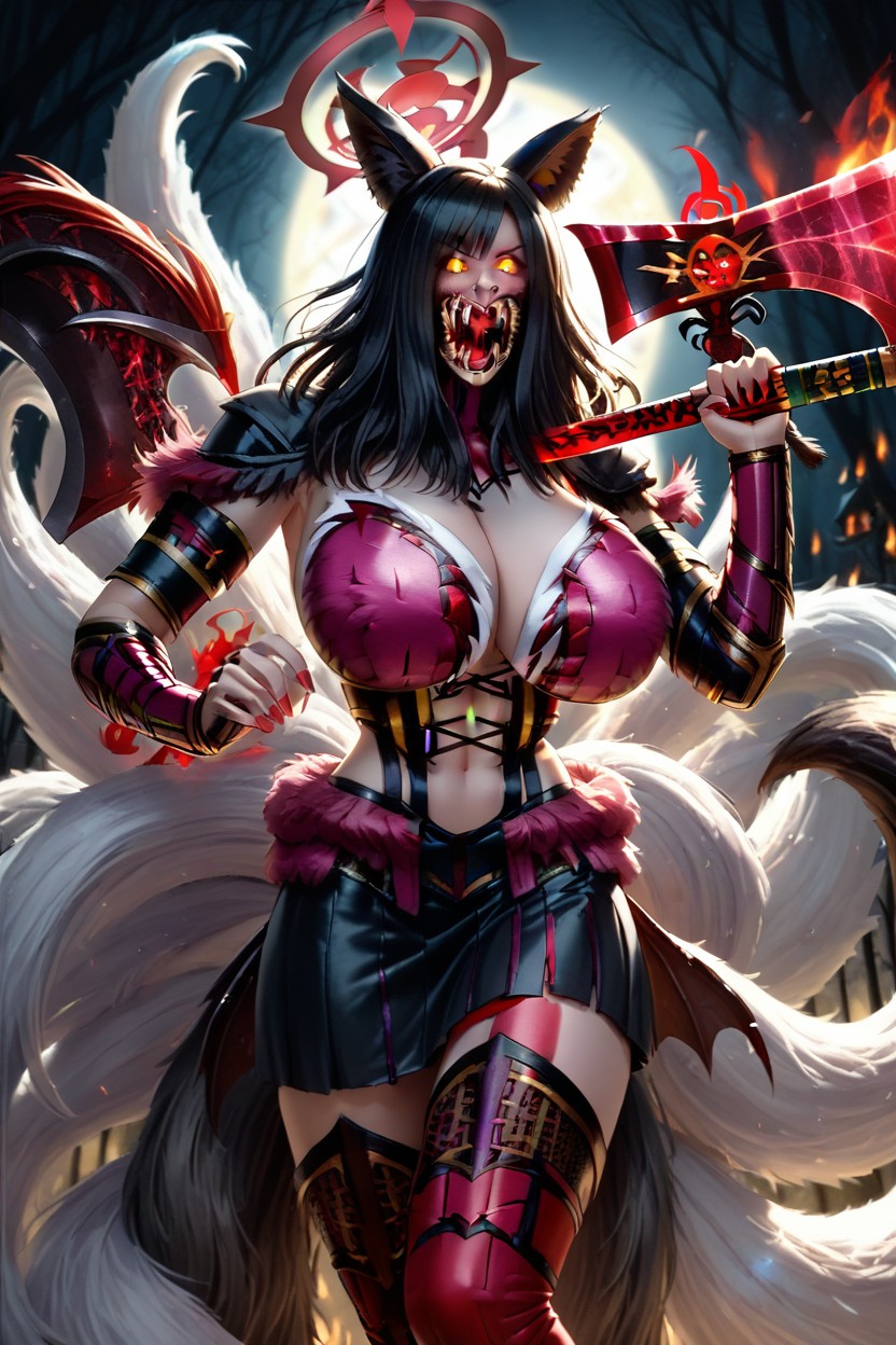 Yellow Eyes, Red Hair, Holding Axe In Left Hand Hentai AI Porn