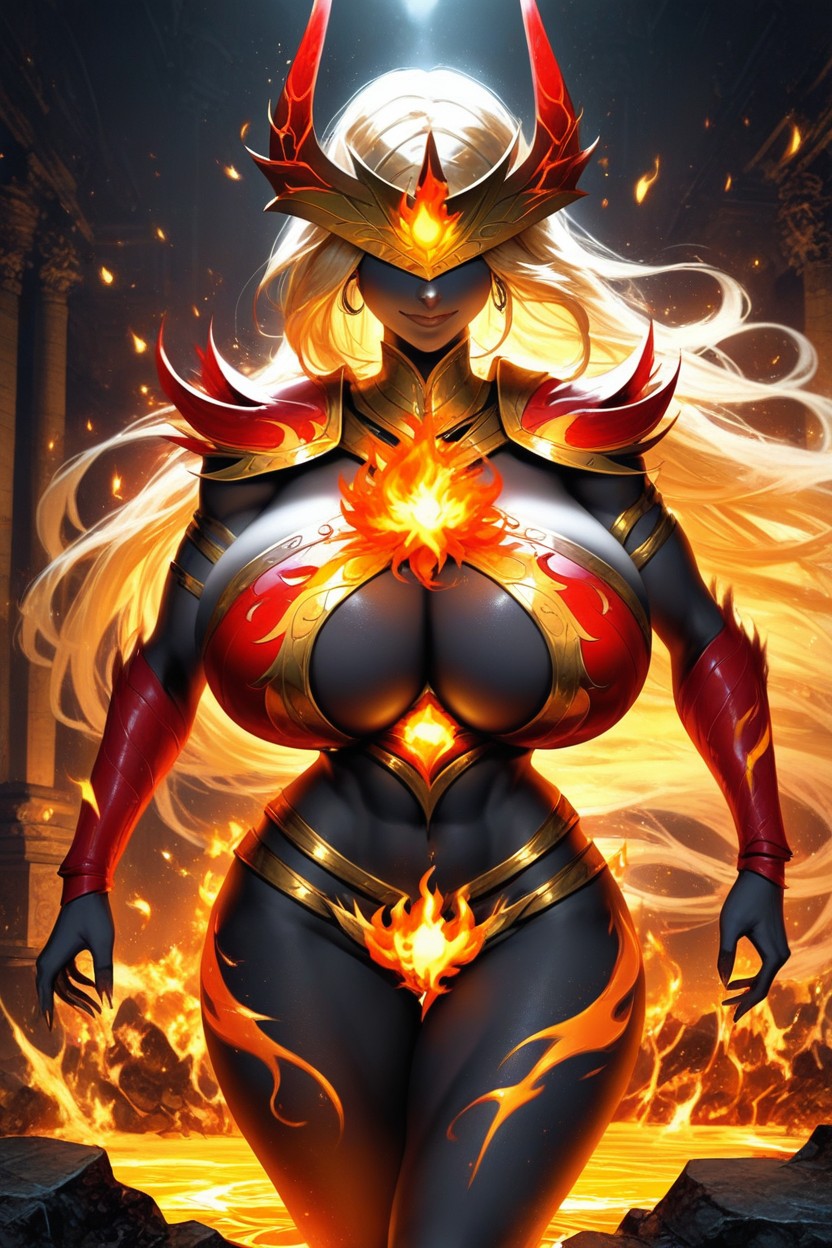 Fiery Bust, Red Hair Orange Hair Yellow Hair, Minotaur Horns Latina AI Porn