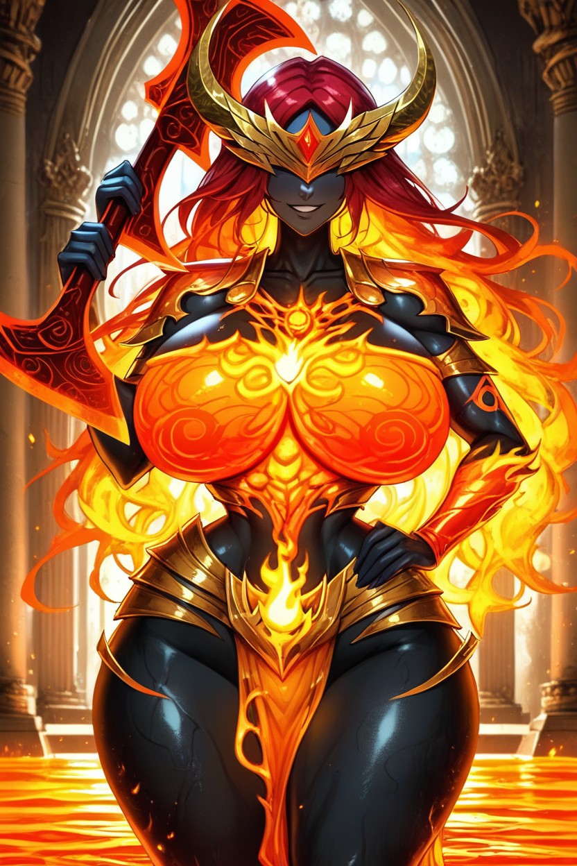 Long Hair, Flaming Fiery Armor On Chest, Red Hair Orange Hair Yellow Hair" 拉丁AI成人