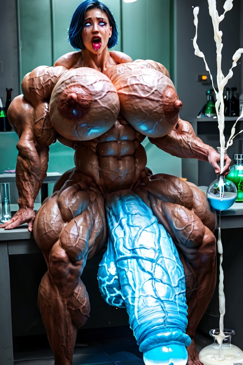 Extremely Veiny Glowing Testicles, Extremely Veiny Breasts, Impossibly Long Hyper Penis Shemale AI Porn