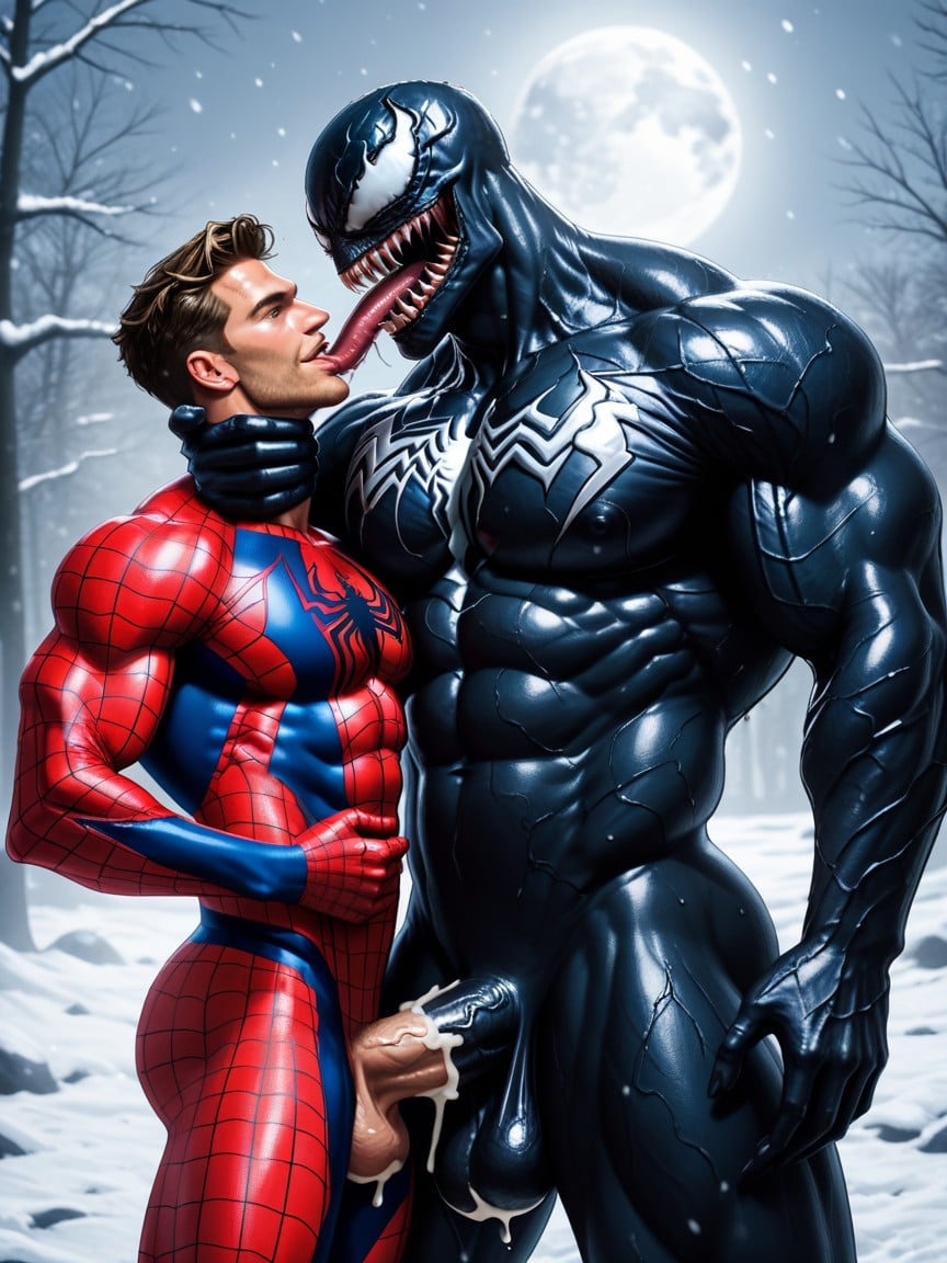 Spiderman Torn Uniform, Muscular, Venom Kissing Spiderman AI Gay Porn