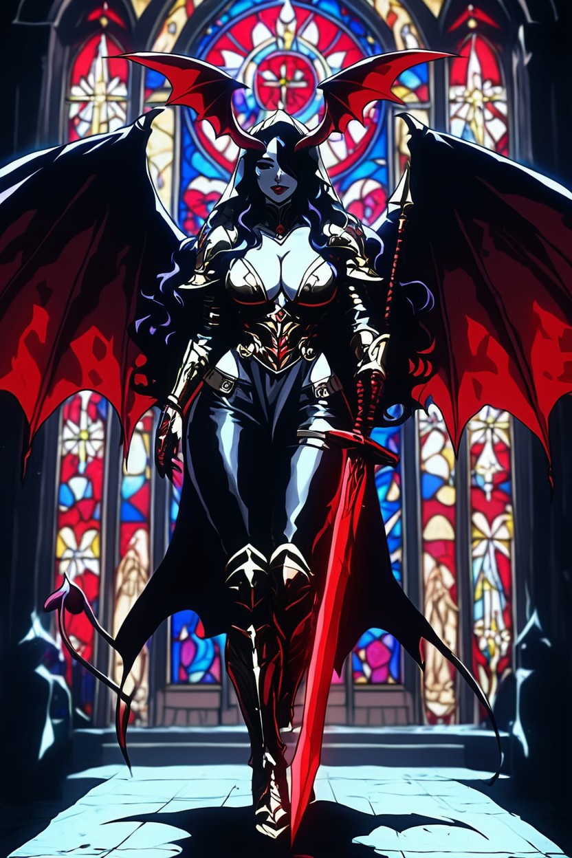 Gold Armor Grieves, Red Lipstick, Dark Purple Hair Hentai AI Porn