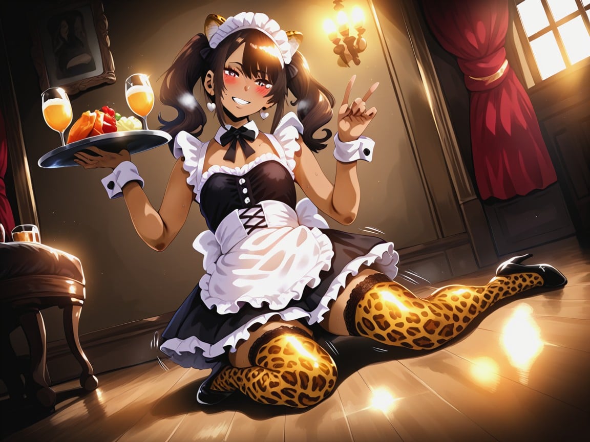 Leopard Maid, Corset, Broken Pots On The Floor Latina AI Porn