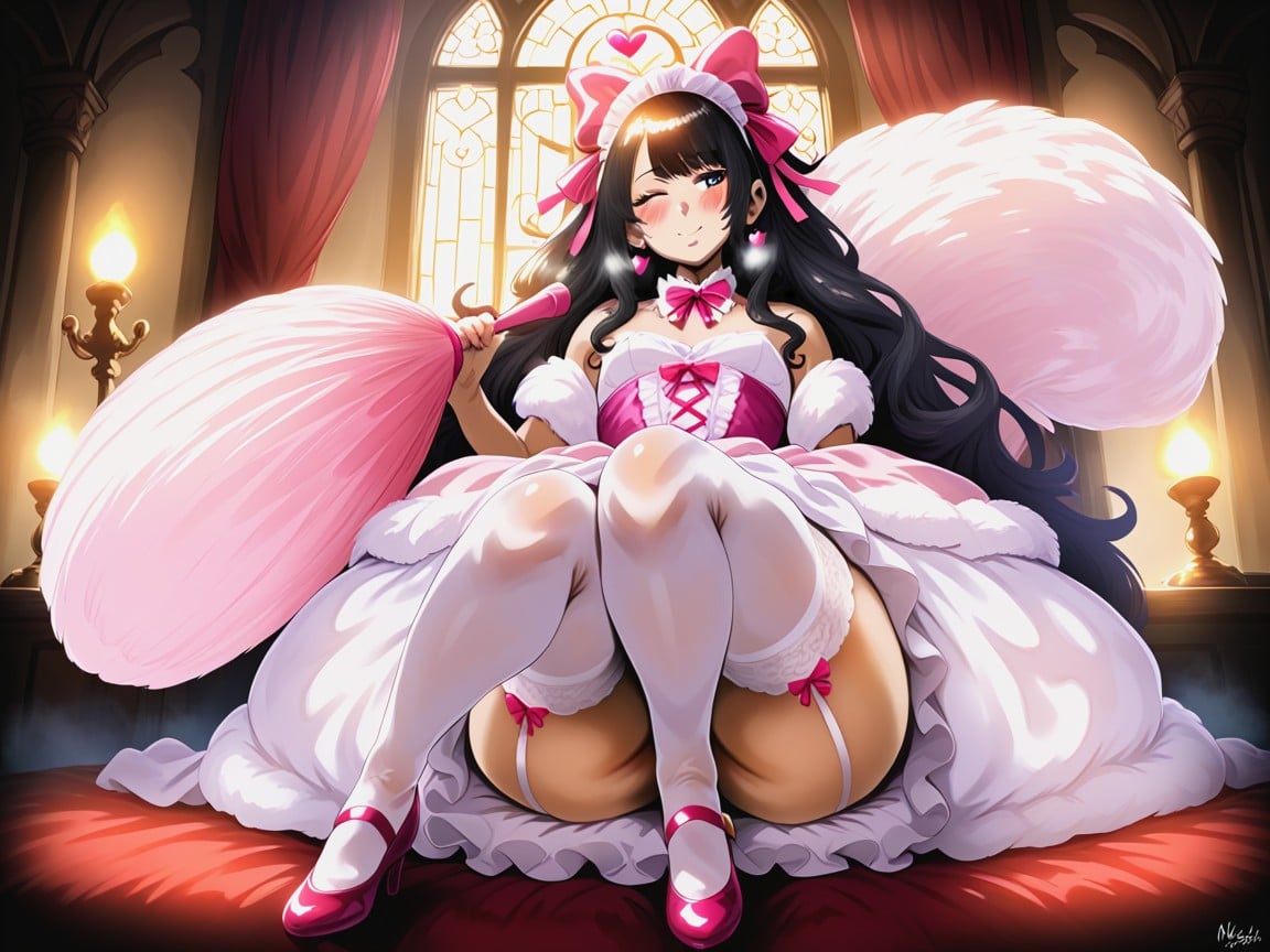 Pink Heels, Low Breast Width Depth Length, Pink Velvet With White Fur Accents Latina AI Porn