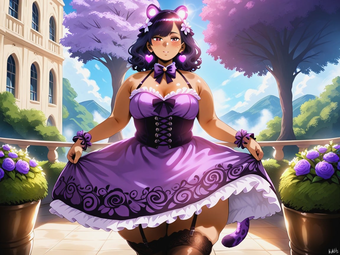 Criada Francesa, Glowing Neon Purple Beads On Wrist, Purple Floral Print Apron Porno latina IA