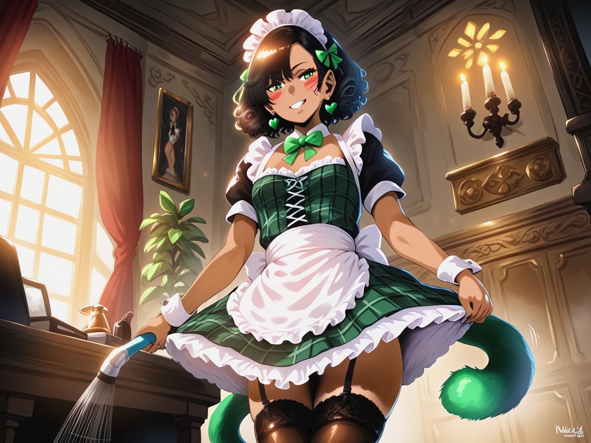 Green Tight Dress, Squared Abdomen, 巻き毛 ラティーナAIエロ