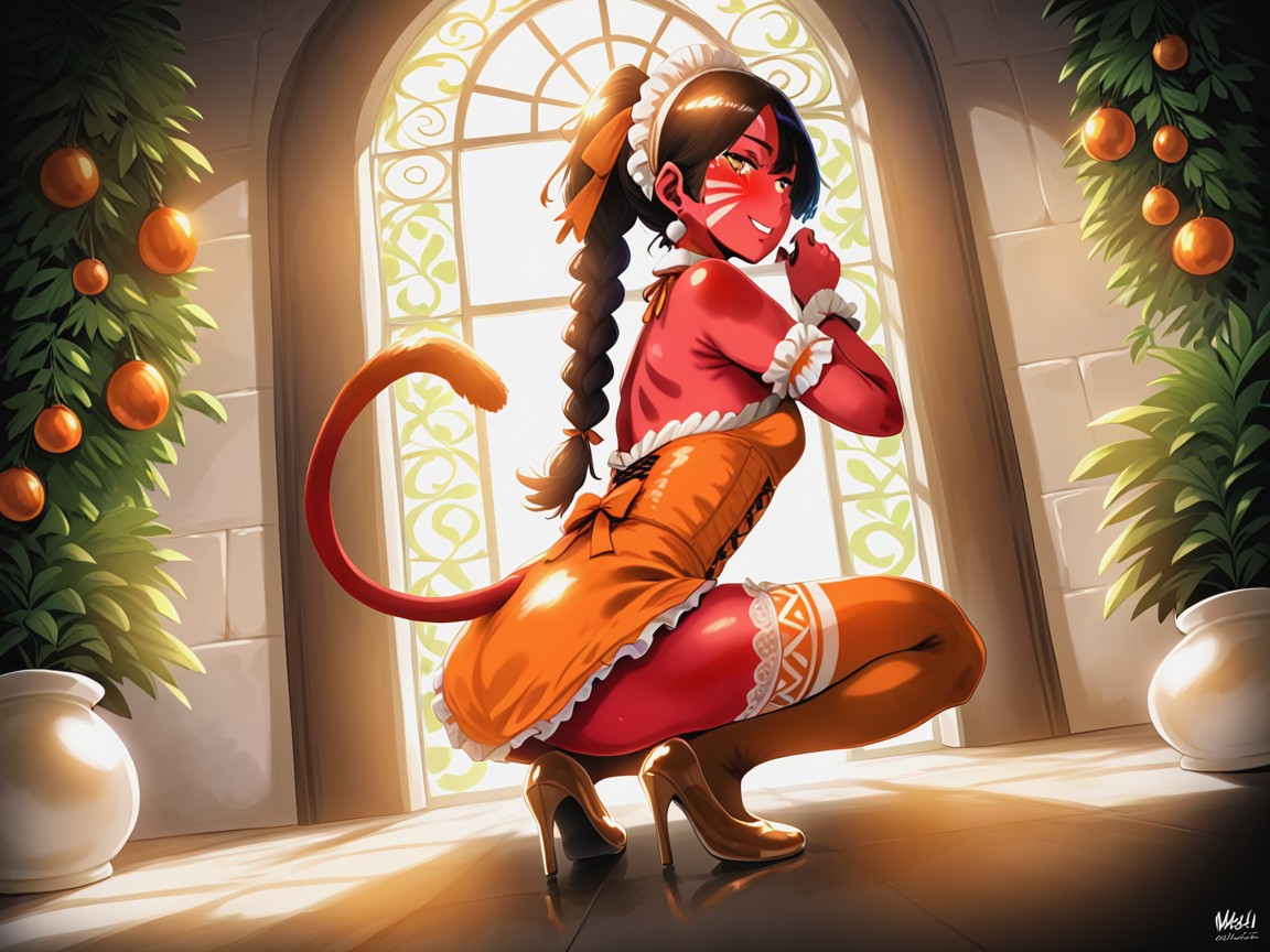 Orange Tribal French Maid Outfit, Woman On A Window Ledge, Black Braided Ponytail Porno latina IA