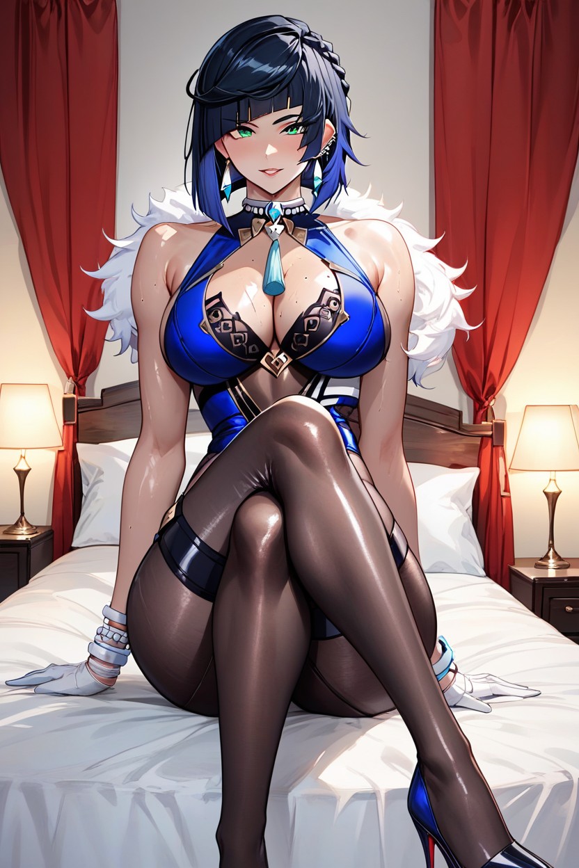 Legs Crossed, Reflective Shiny Clothes, Oily Skin Hentai AI Porn