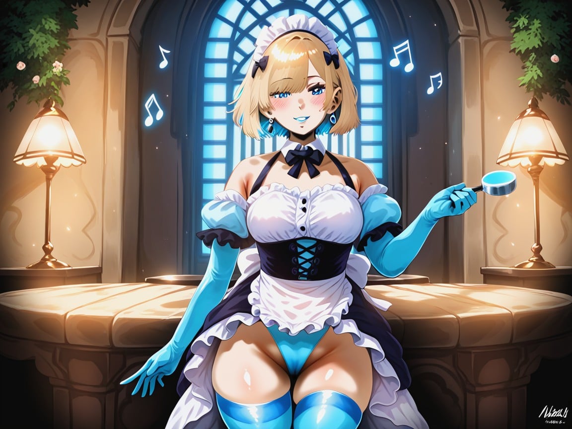 Blue Metallic Apron, Extérieur, Blue Metallic Thigh High Stockings Porno IA Latina