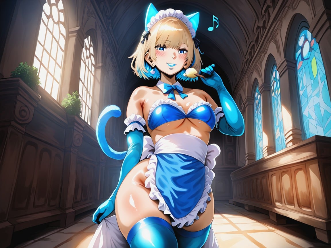 Underboob, Blue Hair Highlights, Woman Cleaning Latina AI Porn
