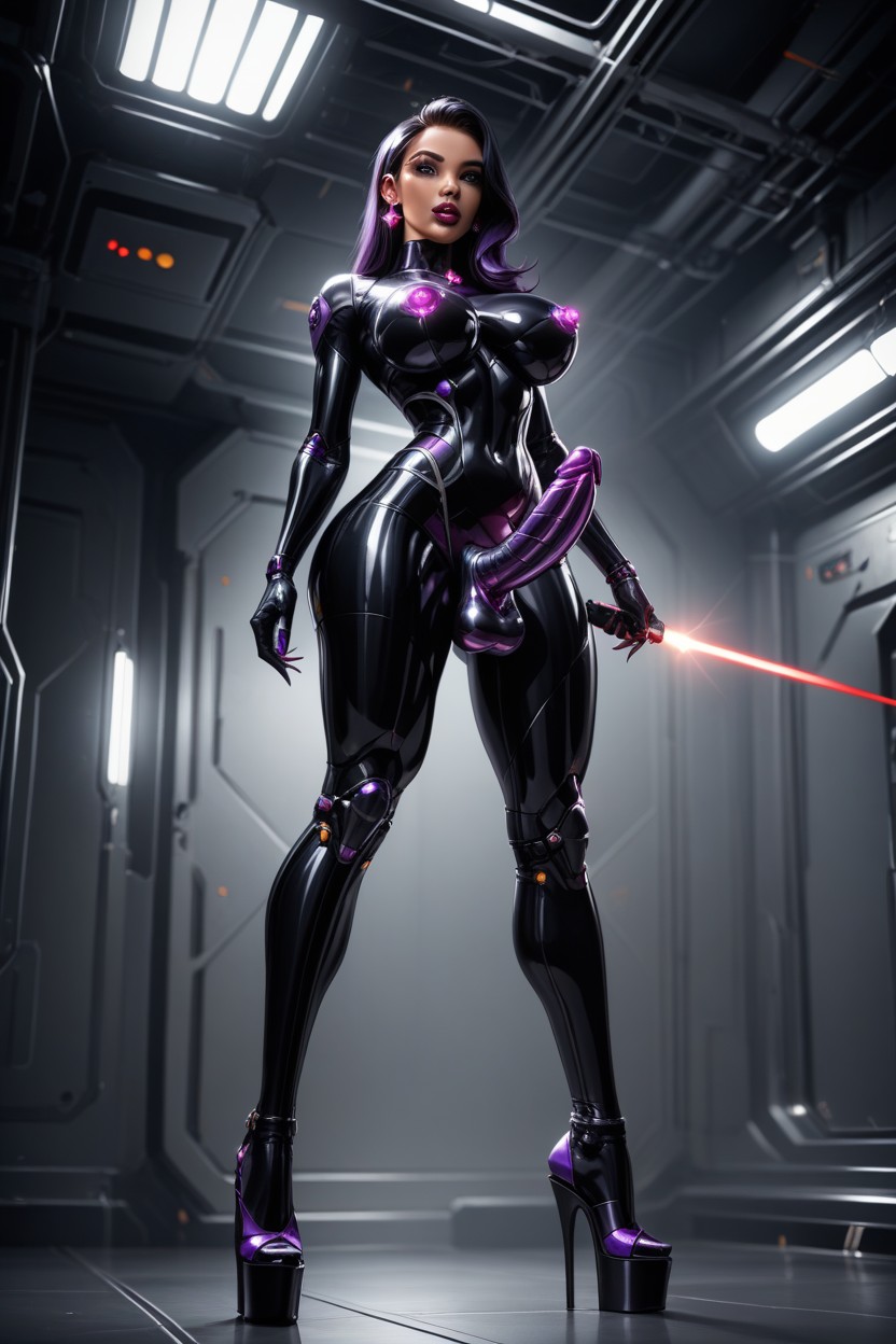 Extended Long Eyelashes, Smooth Metallic Penis Attached With Metallic Pointy Tip, Clear Visor Latina AI Porn