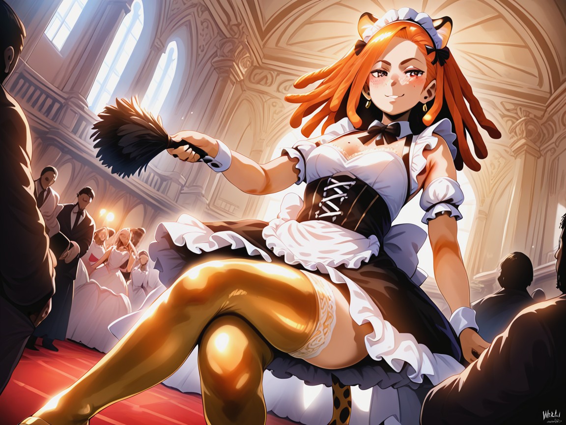 Wearing Gold Silk Maid Clothes, French Maid, High Color Contrast Latina AI Porn