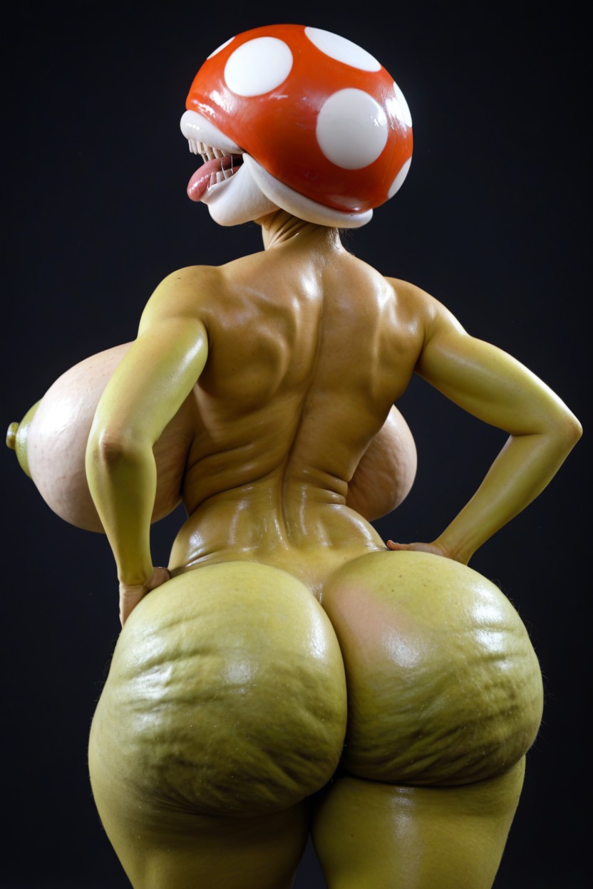 Gigantic Breast, Beautiful Face, Piranha Plant Head With No Eyes Green Skin AI Porn