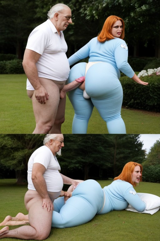 Tongue Out, Old Fat Zombie Monster And Chubby White Ladyboy Standing In Park, Head On Pillow AI Gay Porn