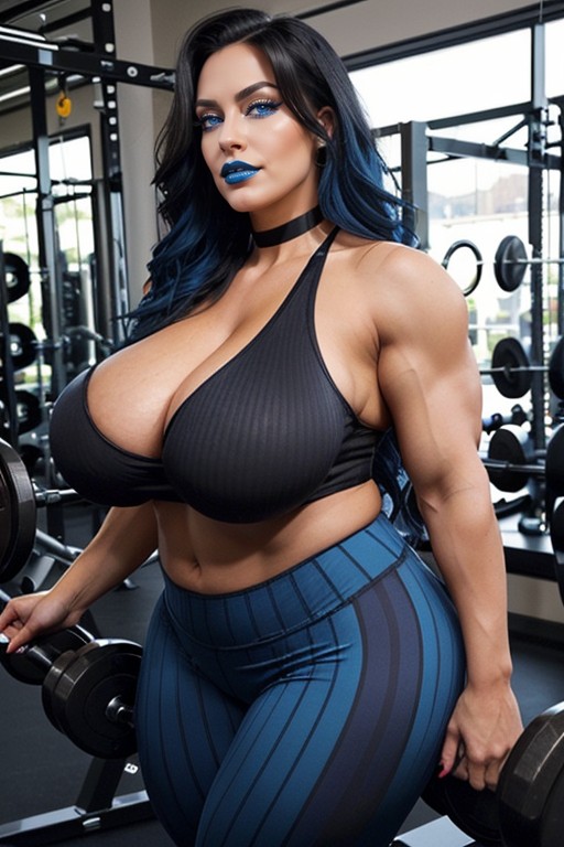 Beautiful Bimbo Face, Horizontal Stripped Gym Top, Drinking AI Porn