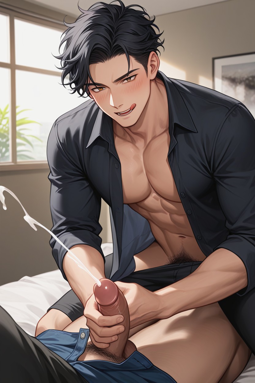 The First Person's Expression Is Licking His Lips Orgasm, Hands Tied To The Ceiling, The First One Is Wearing An Unbuttoned Shirt AI Gay Porn