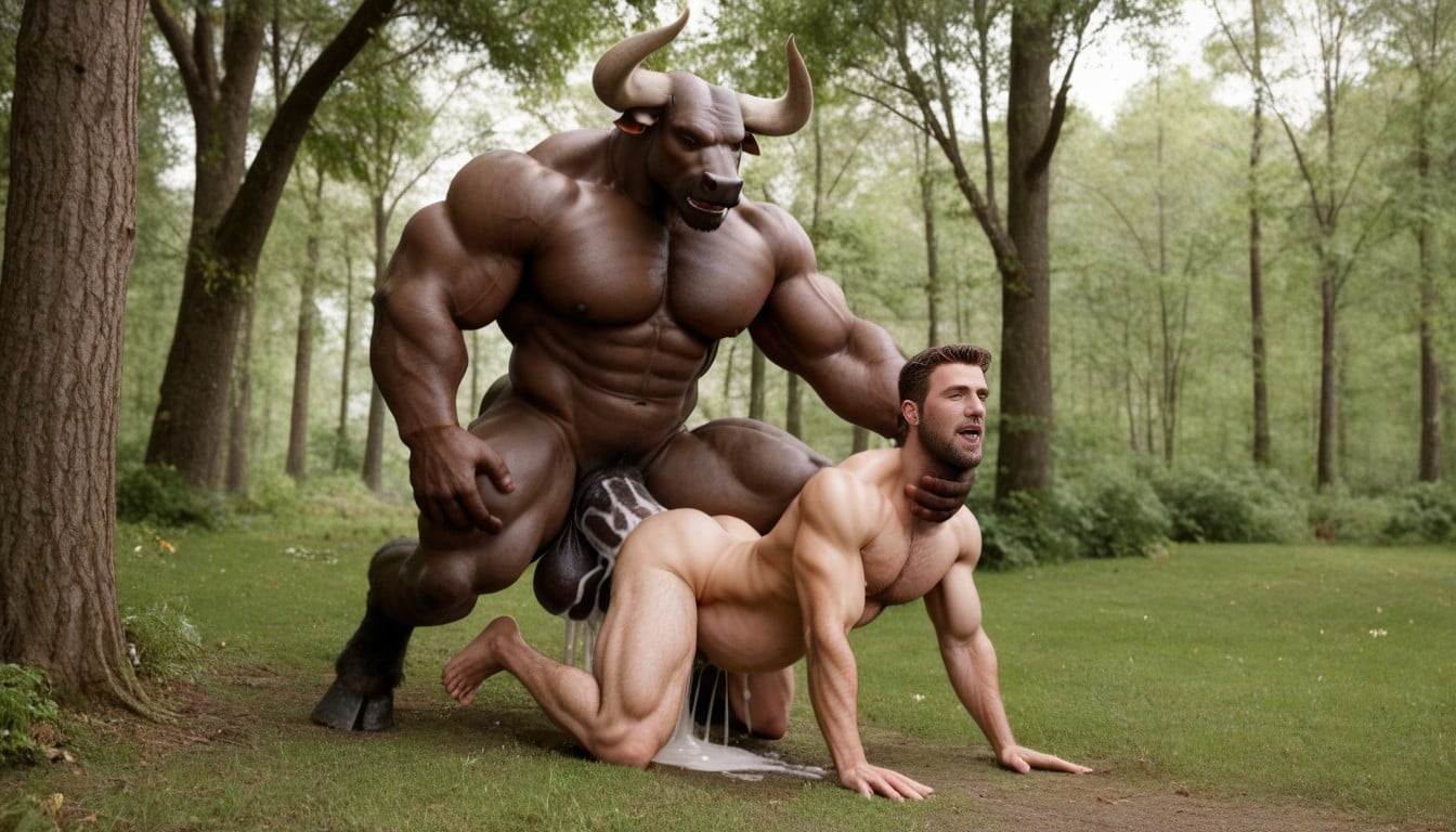 Oversized Minotaur Standing Behind The Cattletaur, Oversized Minotaur Fuck Cattletaur In Doggy Sex Position, Photorealistic Style AI Gay Porn