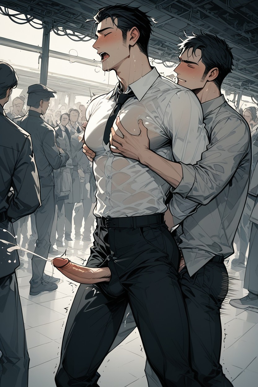 Effect Lines, Wide View, Black-haired Man Being Given Handjob From Crowd Behind AI Gay Porn