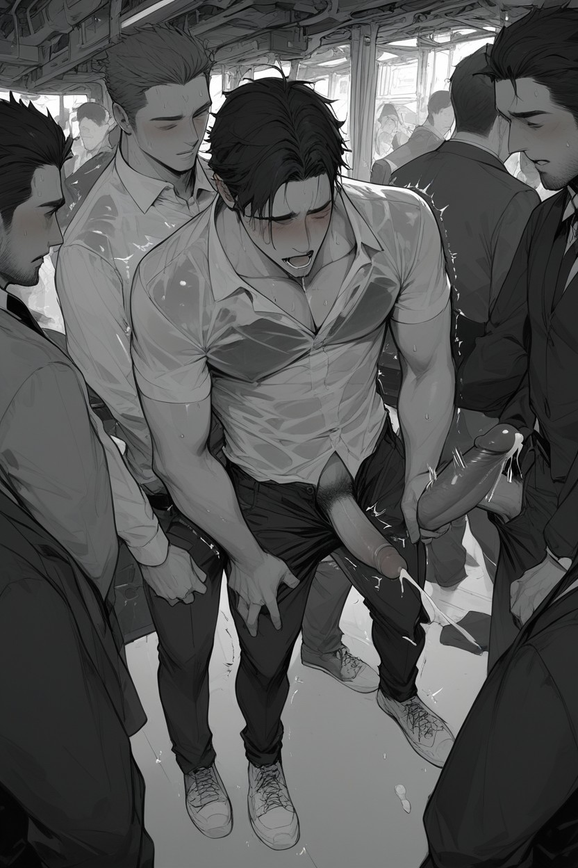 Cock Out, Drooling Cum, Black-haired Man Groped By Other People AI Gay Porn
