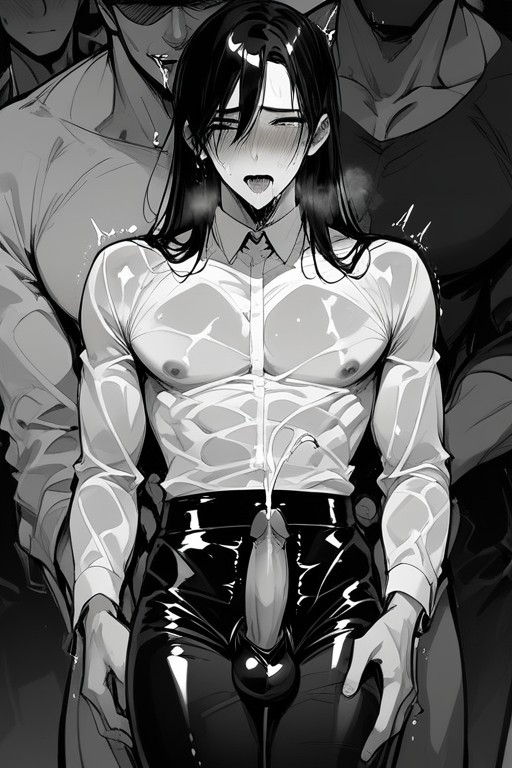 Cum Forcefully, Erect Nipples, Black-haired Man Being Given Handjob From Crowd Behind AI Gay Porn