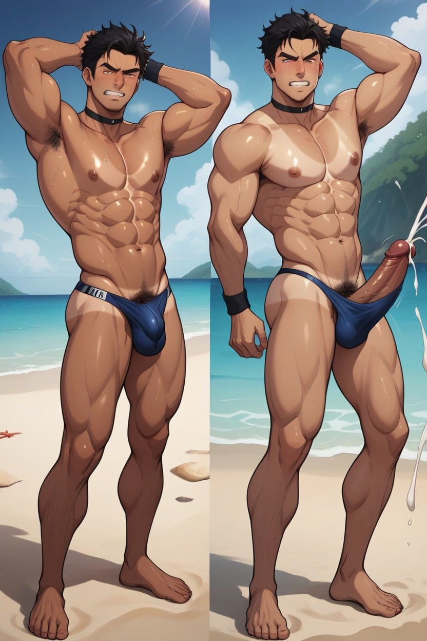 Precumming Oiled Body, Wearing Black Wristband, Shaggy Hair AI Gay Porn