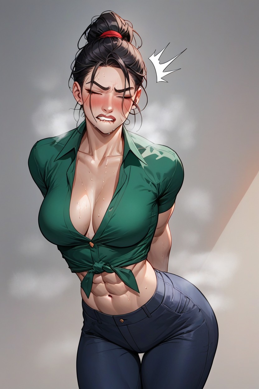 Black Hair, Small Breasts, Dark Blue Pants AI Porn