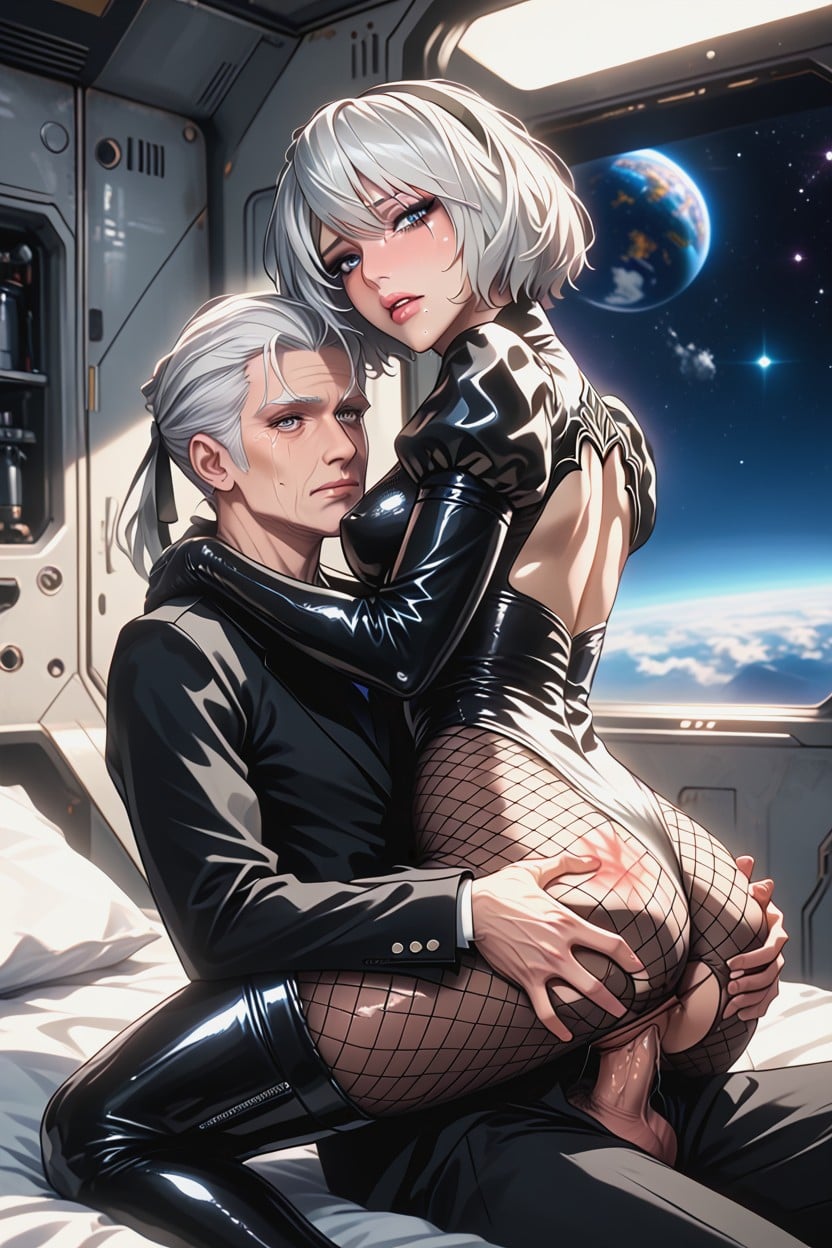 Both People Have White Hair, Transparent Crotch Fishnet Bodystocking, Male S From Nier Automata Hentai AI Porn