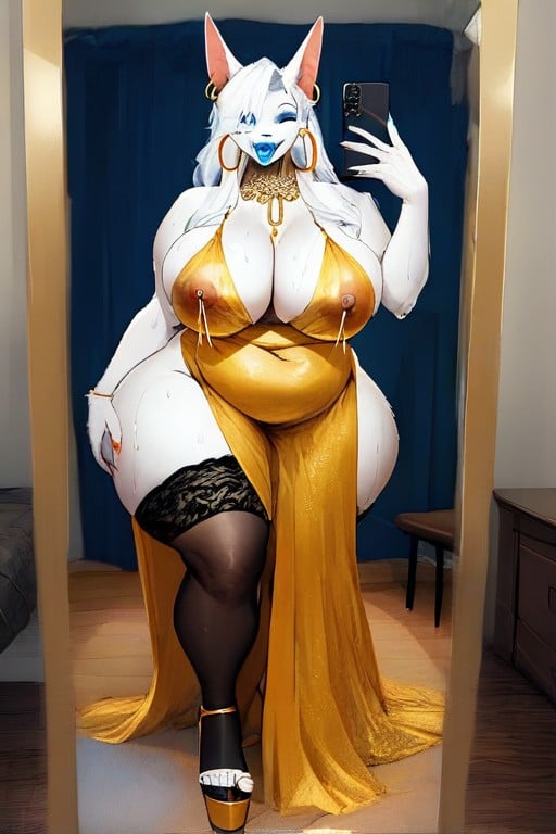 Nipple Piercing, Gigantic Rounded Perfect Breasts, Selfie Furry AI Porn