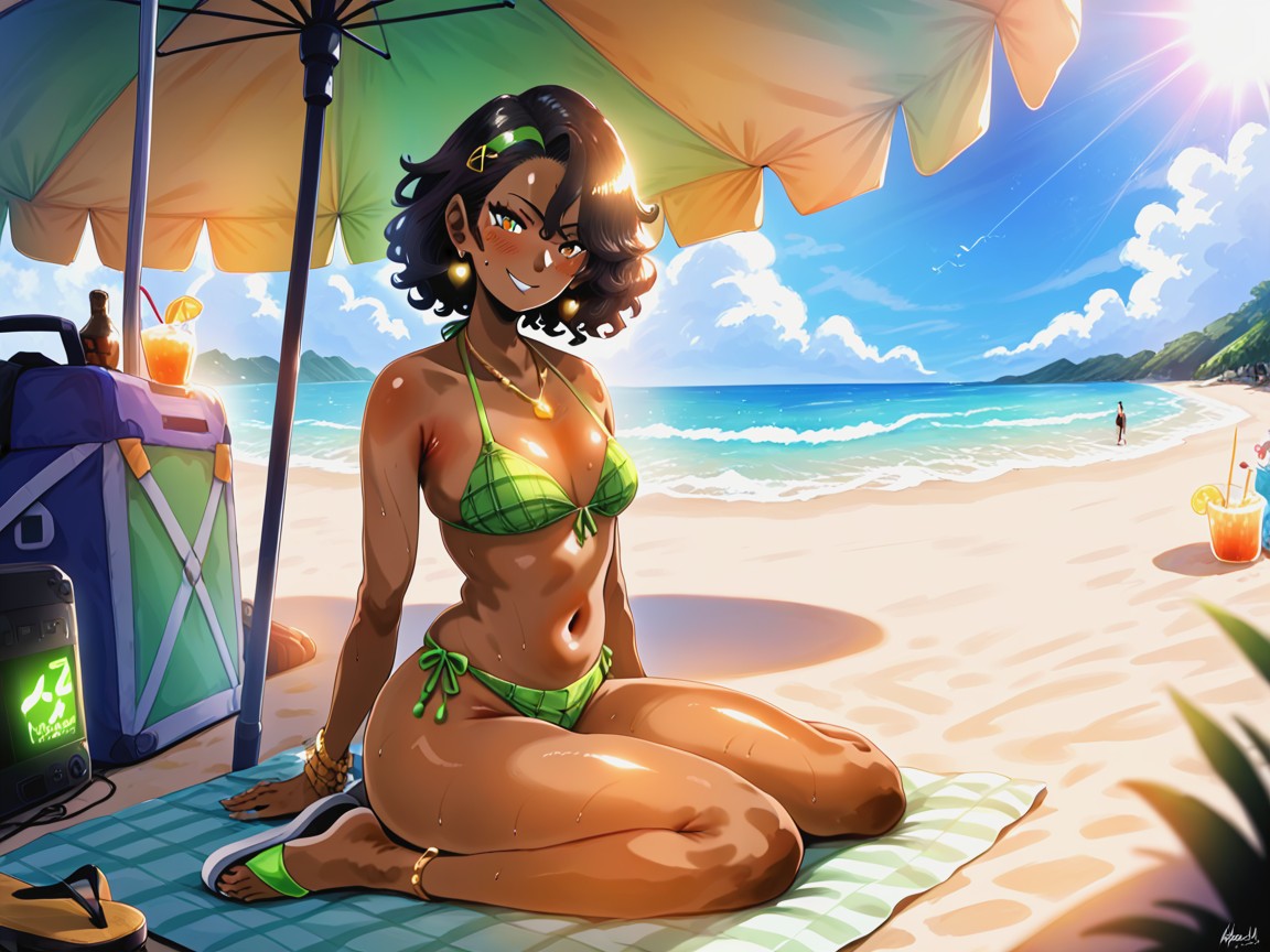Beachside Hacker, Wearing Green Plaid Summer Clothes, Solar Panels Hentai AI Porn