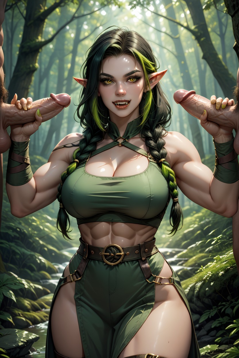 Athletic Build, Lower Fangs Visible, Double Handjob AI Porn