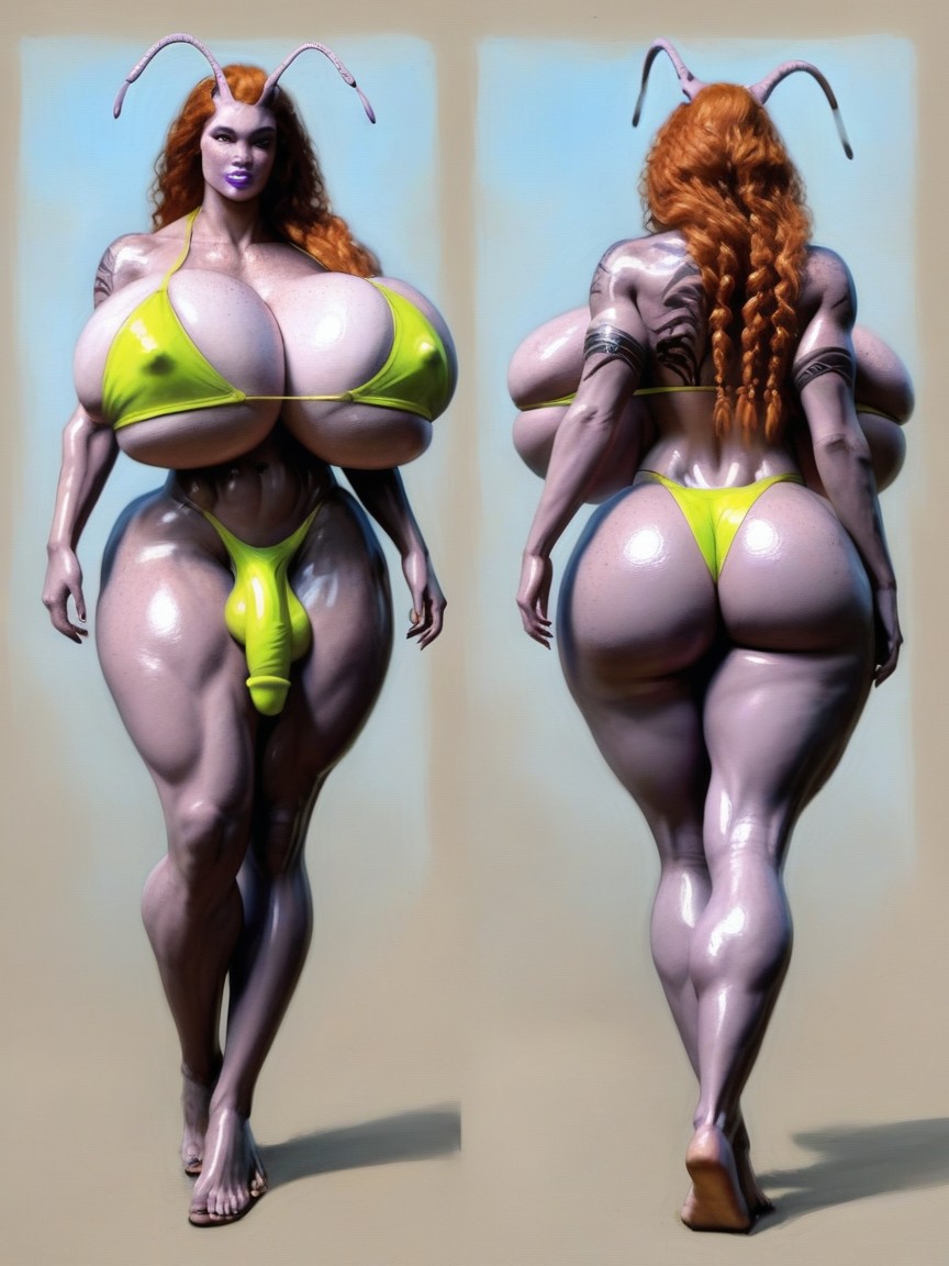 Thick Thighs, Wearing Latex Bikini Top, Hair Color Is Orange Shemale AI Porn