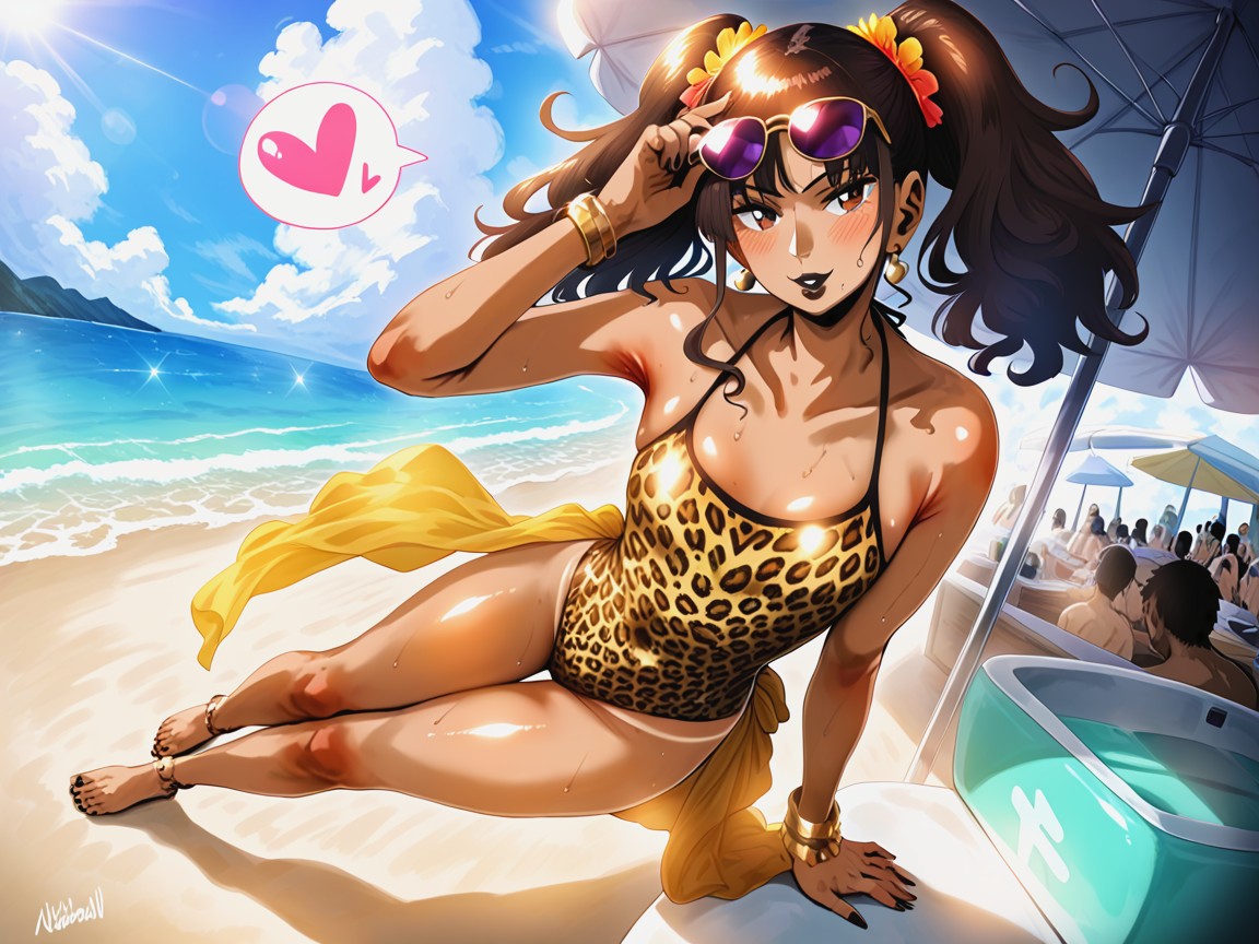 Leopard Print Sarong Tied At The Hip, Beach Location, Beach Hentai AI Porn