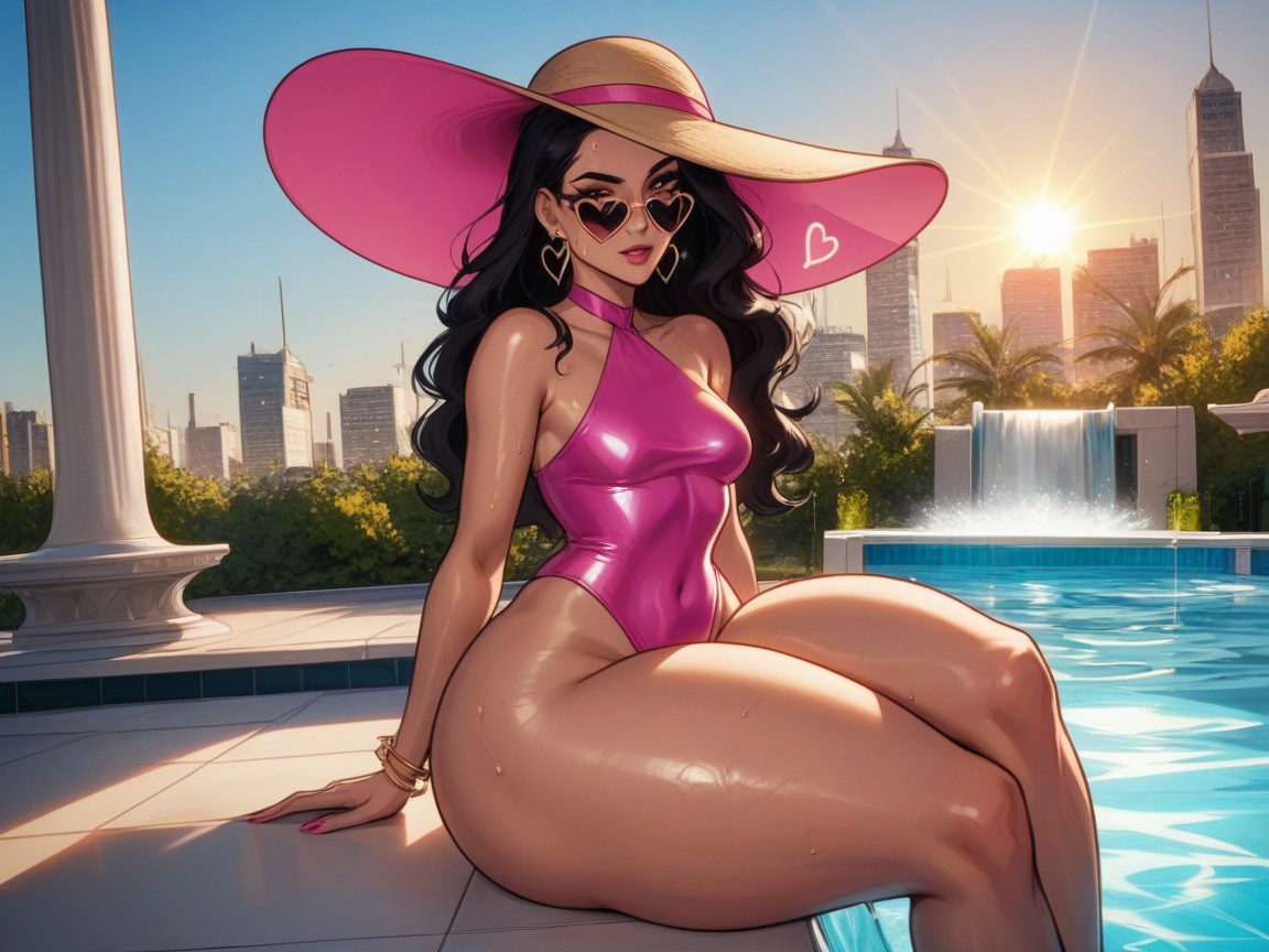 Woman Sitting With Feet In Pool, Sheer Pink Chiffon Swimsuit With Diamond Clasps, Pink Cocktail Glass Latina AI Porn