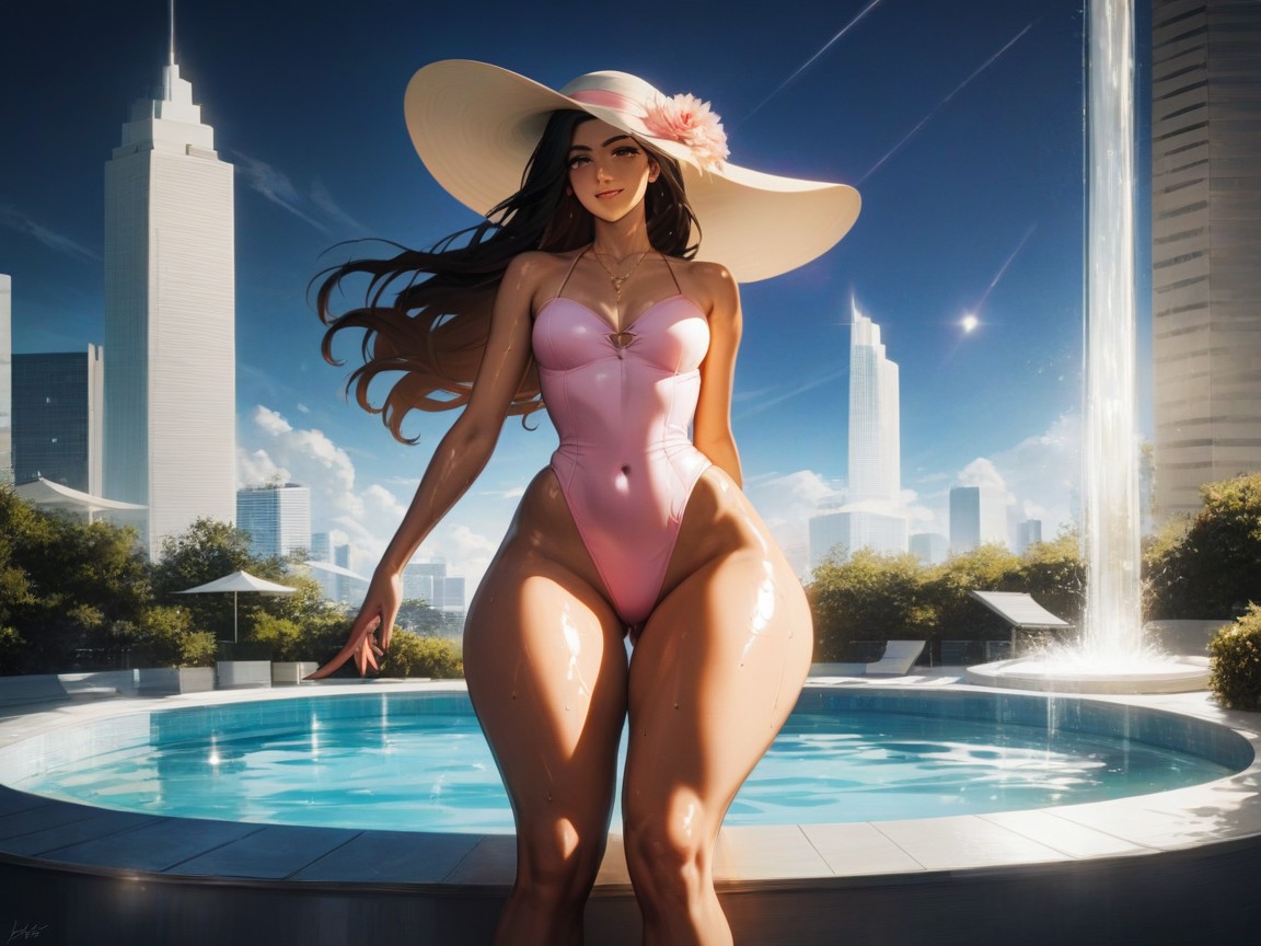 Wide Ass Cheeks, Stilettos Even At The Pool, Pretty Face AI Porn