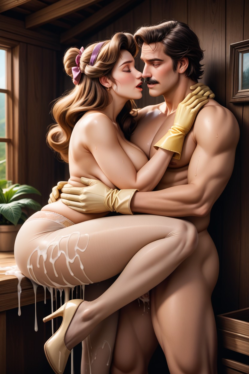 Naked, Beige High Heels, Beige Medium Length Cleaning Gloves AI Porn