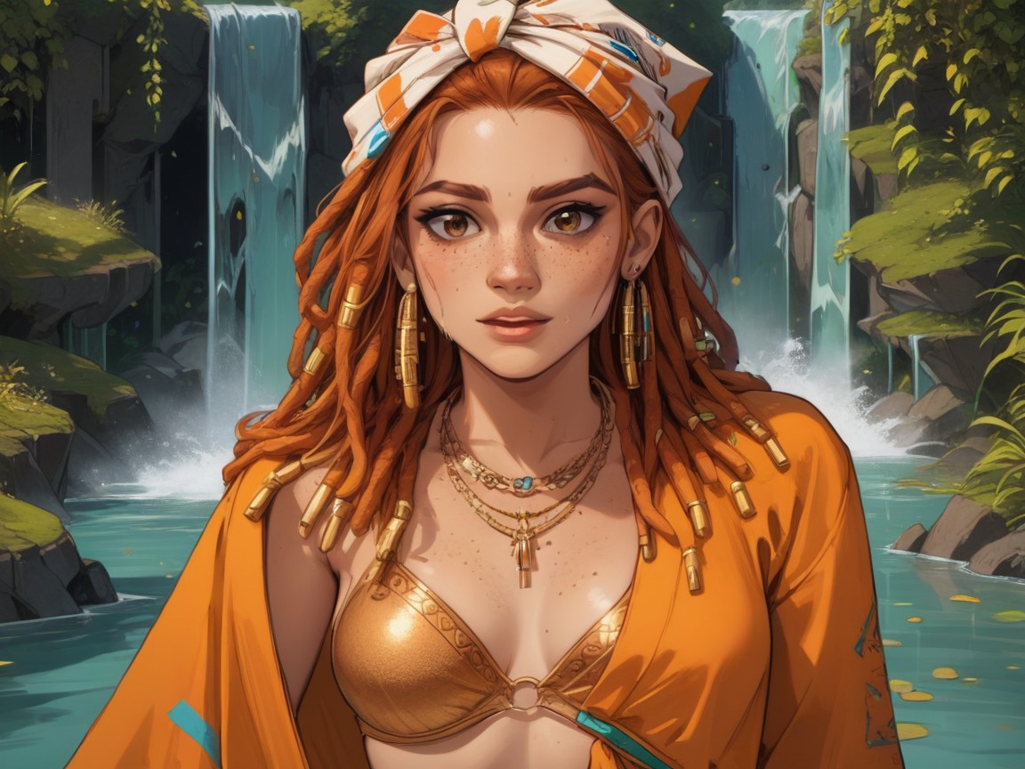 One Woman, Wearing Gold Silk Summer Clothes, Rounded Torso Latina AI Porn