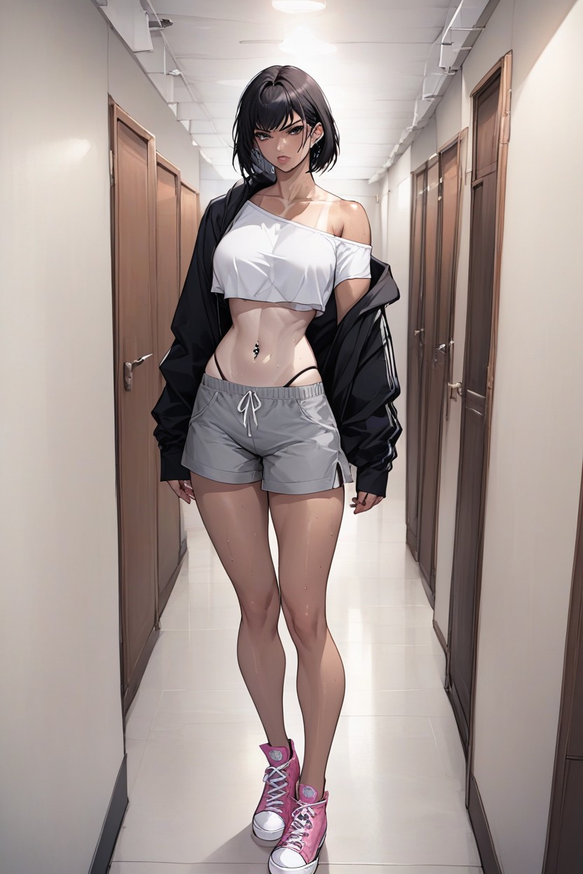 1 Person, Tan Line, Black Crop Zip Up Hoodie AI Porn