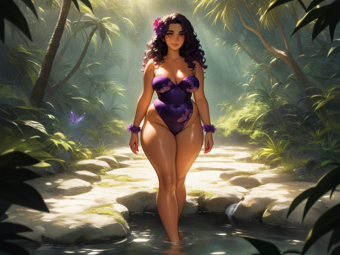 Neon Purple Foot Prints, Full Ass, Freckles Black Permed Hair With Purple Highlights AI Porn