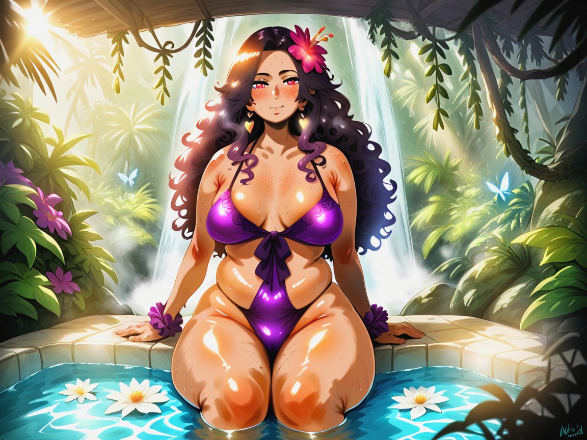 Light Glowing Beads At Wrist And Neck, Oiled Skin, Golden Hour Glow Effects Hentai AI Porn