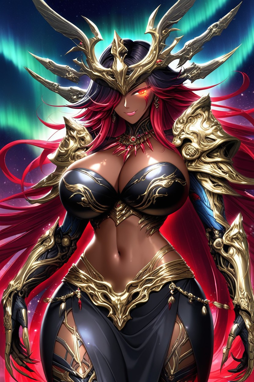 Metal Helmet Above Eyes, Black Armor Cuirass With Gold Trim, Glowing Eyes Hentai AI Porn