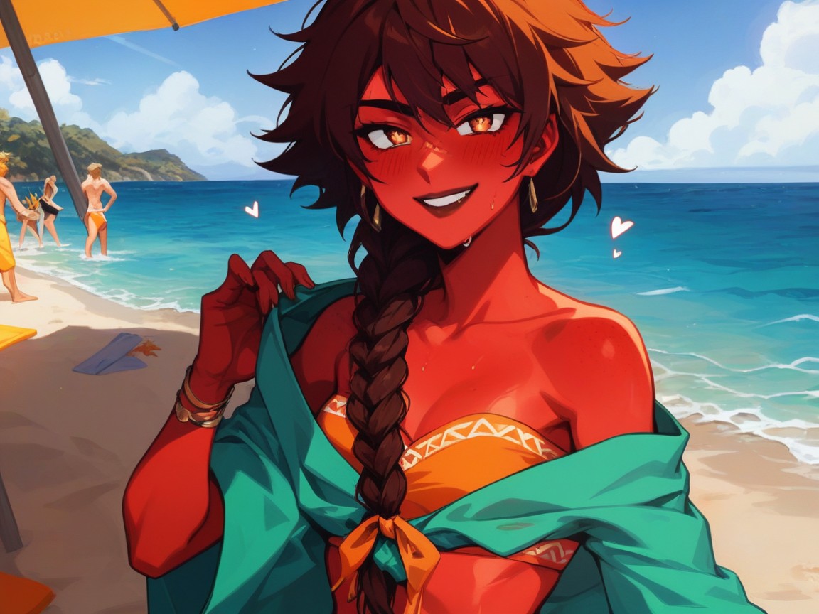 Brown Lipstick, Orange Tribal Stitching, Sloped Shoulders AI Porn