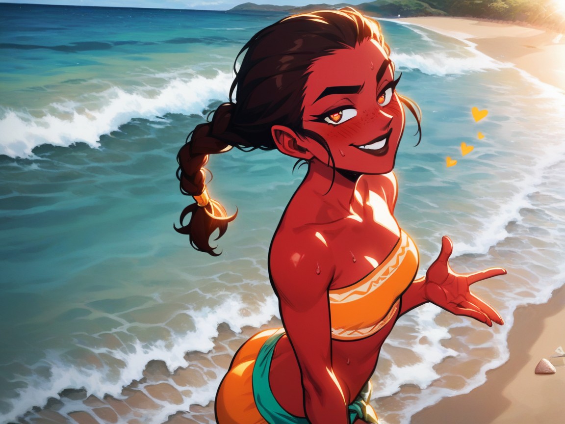 Orange Tribal Bandeau Top, Sloped Shoulders, Golden Hour Glow Effects AI Porn