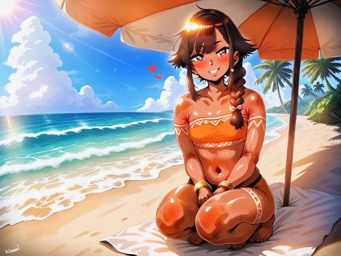 Beach, One Woman, Mischievous (smiling While Blushing) Hentai AI Porn