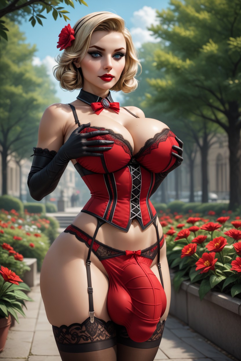 Extremely Visible, Posing In A Park, Large Cock Bulge Shemale AI Porn