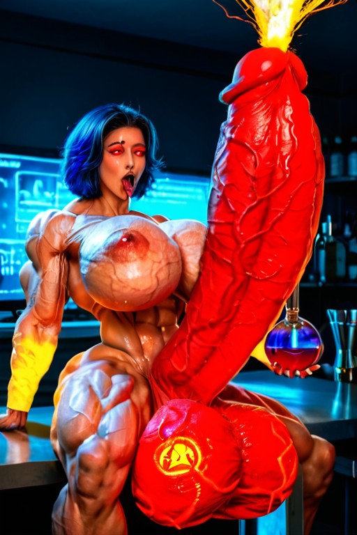 Glowing Eyes, Extremely Pale White Veiny Radioactive Skin, Sitting Down Legs Spread Shemale AI Porn