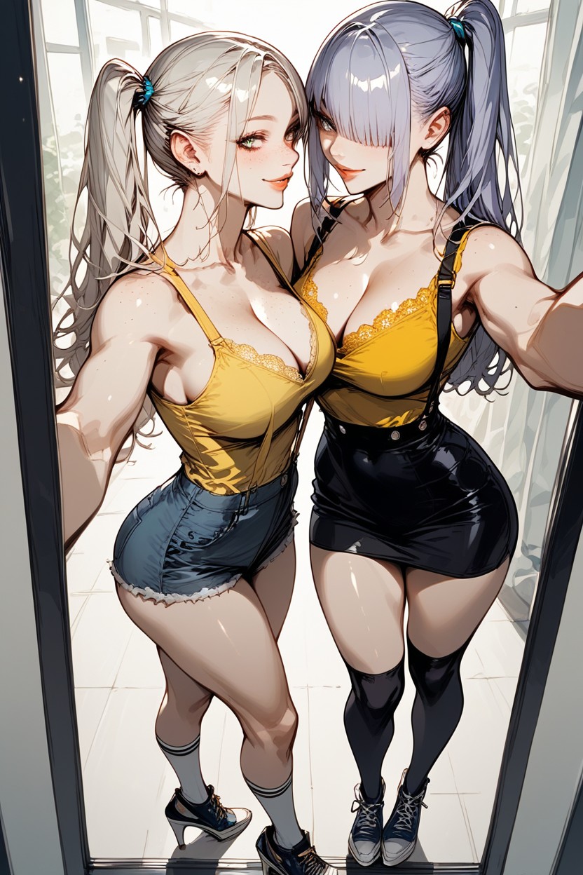 Blue Daisy Dukes, Bangs Beside Her Face, Smile Hentai AI Porn