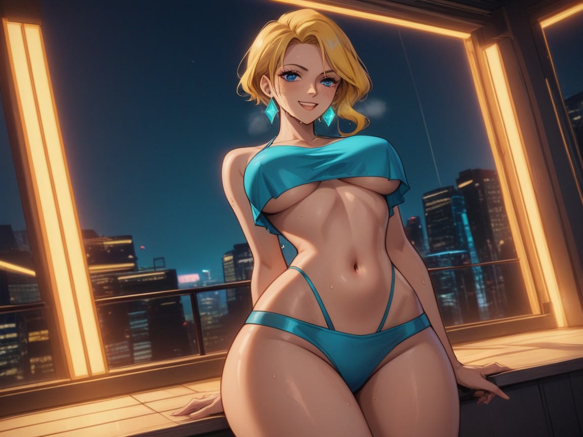 Sweaty, Ocean In Distance, Diamond Drop Earrings Latina AI Porn